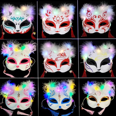 猫とキツネのお面 発光キツネのお面 和風 手描き ハロウィン ダンスマスク 女性コス