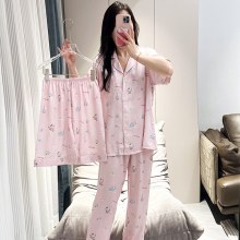 夏用アイスシルクパジャマ、半袖、薄手、ネットセレブ風、かわいい漫画カーディガン、家着、外でも着られる3点セット