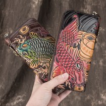 男性と女性のための本革財布、本革彫刻クラフトジッパー、第一層牛革財布、レトロクラッチバッグ、財布手持ち