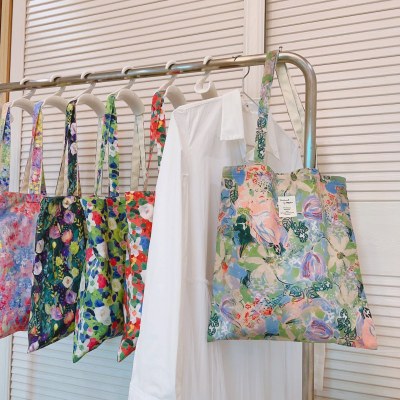 油絵風グリーン花柄ワンショルダーコットンバッグキャンバスバッグニッチアート