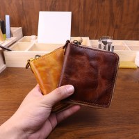 手作り本革財布レトロショート日本植物タンニンなめしウォッシュ牛革個性トレンディなメンズ財布ジッパー大紙幣財布