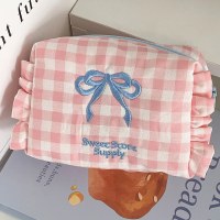 チェック柄のリボン小銭入れ収納袋学生甘いチェック柄フリル旅行ポータブル刺繍トイレタリーバッグ