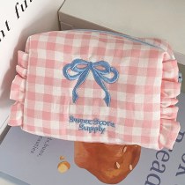 チェック柄のリボン小銭入れ収納袋学生甘いチェック柄フリル旅行ポータブル刺繍トイレタリーバッグ