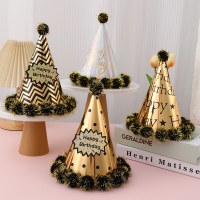 黒と金の毛皮のボールの誕生日帽子、子供と大人の最初の誕生日の装飾用品、パーティーの先のとがった誕生日紙の帽子の卸売