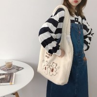 ラムスキンクマ刺繍大容量ショルダーバッグぬいぐるみ多用途カジュアル学生スクールバッグ