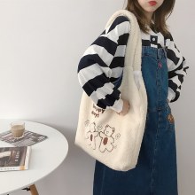 ラムスキンクマ刺繍大容量ショルダーバッグぬいぐるみ多用途カジュアル学生スクールバッグ