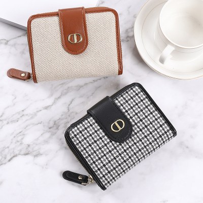 軽い豪華な新しい小さな財布の女性のショートバックル千鳥格子キャンバスマルチカード抗消磁大容量ハイエンド財布