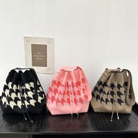 新しい千鳥格子オープン巾着磁気バックルニットショルダーバッグ韓国スタイルポータブル多用途大容量カジュアルトートバッグ