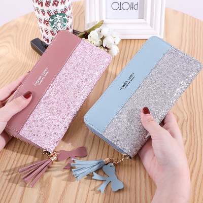 新しいスタイルの 財布 、女性用ロングジッパーウォレット、韓国スタイルのステッチ、コントラストのあるタッセル、多用途のカードホルダー、携帯電話バッグ