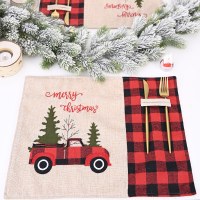 クリスマス装飾赤と黒のチェック柄車クリスマスプレースマット漫画テーブルクロステーブルマットホームテーブル装飾