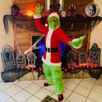 クリスマス服ハロウィーンスーツクリスマスコスチュームグリーンヘアモンスターグリーンパーティー服大人男性用スイート