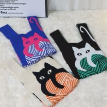日本のかわいい猫のニットハンドバッグ、カジュアルで多用途、ファッショナブルでトレンディなベスト、ニットレディースバッグ