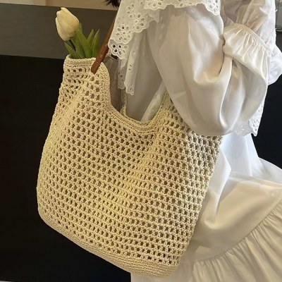 レディースハンドバッグ、平織りストローバッグ、ビーチバッグ、手織りの大容量綿糸野菜バスケット、旅行や休暇