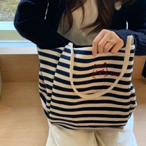 ストライプキャンバスバッグハッピーパピー刺繍ショルダー大容量ニッチショッピングバッグ怠惰なトートカジュアルバッグ女性用