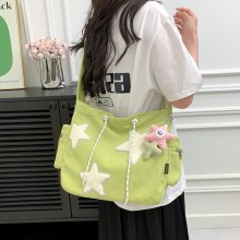 大容量コーデュロイバッグレディースショルダーインカジュアル五芒星クロスボディバッグキュートで多用途な学生トートバッグ