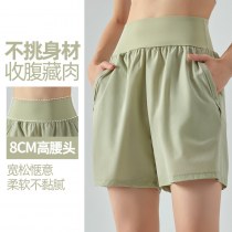 ハイウエスト腹部コントロールスポーツショーツ女性用夏ダブルポケットランニングフィットネスパンツルーズカジュアル通気性ヨガショーツ