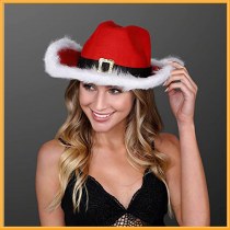クリスマスパーティーカウボーイフェザーハット人工毛皮エッジ非照明レッドサンタハットウエスタンカーニバルハット