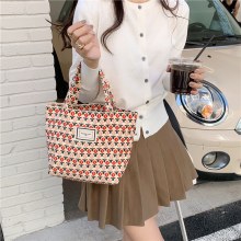 コーデュロイ織りラベルポータブルランチバッグイン文学レトロ仕事通勤小さなバッグママランチボックスバッグ