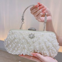 ホワイトパールバッグ、ハンドビーズバッグ、イブニングハンドバッグ、気質クラッチバッグ、ドレスブライズメイドレディバッグ