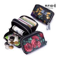 塗装牛革カードバッグ、大容量、複数のカードスロット、無線周波数スキャンに対するRFID耐性、ダブルジッパー多機能コインバッグバッグ