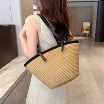女性のクラシックストローバッグサマービーチショルダーバッグコットンロープハンドバッグトートバッグレザー ショルダーストラップ 手作りバッグ