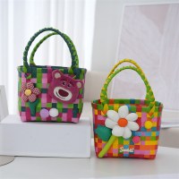PP カラフルなプラスチック織ハンドバスケット DIY ギフトバスケット野菜バスケット女性のトートビーチバッグ