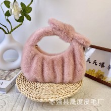 団子バッグ冬の新しい模造ミンクバッグ女性のポータブル弓プリーツ豪華なジッパーかわいい多用途シェルバッグ
