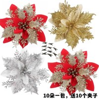 14cmの金粉クリスマスフラワー、無料クリップ10個、クリスマスガーランド装飾、クリスマスツリー、クリスマスフラワーヘッド、模擬花