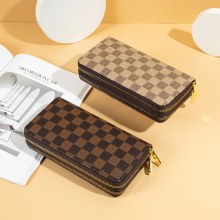 財布女性の新しいヨーロッパとアメリカのレトロなトレンディなプリント市松模様の大容量クラッチバッグダブルジッパー携帯電話バッグ