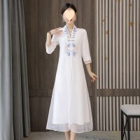 中国スタイルの改善ハンフドレス刺繍レトロナショナルスタイルチョンサムチョンサムティーゼニーティー衣料2024夏の夏