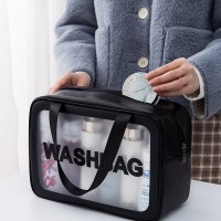 韓国風透明化粧品バッグ、ポータブル大容量スキンケア製品手持ちトイレタリーバッグ、旅行用防水PUつや消し収納バッグ