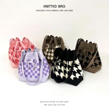 2024 春と夏の新多用途カジュアルガールズ巾着バケツニットバッグ千鳥格子ファッション織バッグショルダーバッグ