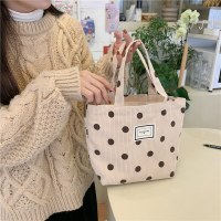 新しいコーデュロイレトロ水玉ハンドバッグ日本のかわいい笑顔ハンドトートバッグ女性のランチバッグ