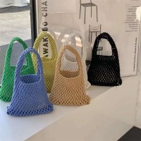 中空メッシュクラッチバッグ、手織りコットンロープリストバッグ、多用途のビーチバケーションバケットバッグ