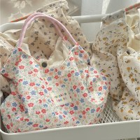 韓国の花柄キャンバスバッグ女性の夏の新しい大容量ハンドバッグ薄型ポータブルホリデービーチバッグ