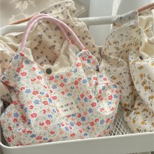 韓国の花柄キャンバスバッグ女性の夏の新しい大容量ハンドバッグ薄型ポータブルホリデービーチバッグ