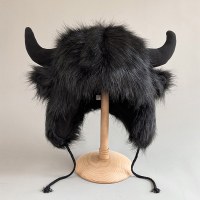 ハロウィン装飾雄牛魔王大きな黒い牛の毛雷峰帽子男性と女性のための冬暖かい人格面白い牛頭帽子