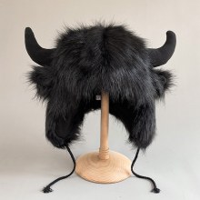ハロウィン装飾雄牛魔王大きな黒い牛の毛雷峰帽子男性と女性のための冬暖かい人格面白い牛頭帽子