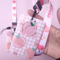 韓国文具漫画ピーチフルーツカードホルダー学生スクールバッジバス銀行カード ID ホルダーストラップキーホルダー付き