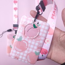 韓国文具漫画ピーチフルーツカードホルダー学生スクールバッジバス銀行カード ID ホルダーストラップキーホルダー付き