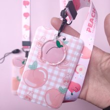 韓国文具漫画ピーチフルーツカードホルダー学生スクールバッジバス銀行カード ID ホルダーストラップキーホルダー付き
