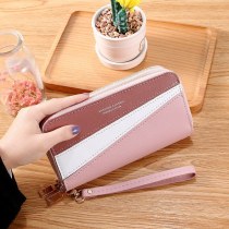 新しいダブルジッパー財布女性のロングクラッチ韓国風ステッチコントラストカラー大容量二層財布携帯電話バッグ