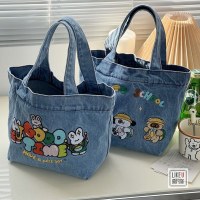 日本の漫画の刺繍入りウォッシュデニム大容量ハンドバッグ学生かわいいハンドバッグバケツランチボックスバッグ