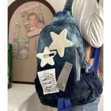 女性スターバックパックデニム学生バッグ和風スクールバッグ中学生高校生大学生フォレストスタイルバックパック男性トレンド