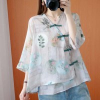 大規模な女性のレトロのゆるい腹を覆う中国共和国の国立スタイル、プリント、シール斜めのバックルv-ネック不規則なシャツ