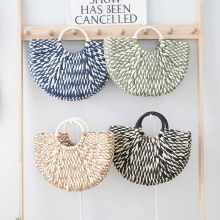 ストロー半円ハンドバッグ、シンプルでファッショナブルな海辺の休暇ビーチバッグ、ラウンドバケツハンドバッグ