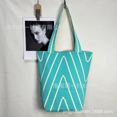 黒と白のシンプルなストライプ織バッグショッピング大容量ハンドバッグバケットバッグウォーキングベビー ママバッグ