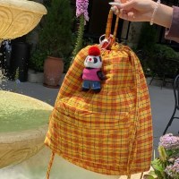 2024 新しいパールアクリル巾着イエローチェック柄バックパック女性の大容量バックパック