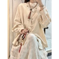 冷たい感覚を身に着けている新しい中国スタイルコットン麻酔バックルシャツ女性コート長いトップゼンティースーツ中国語スタイルハンフ