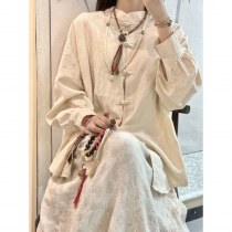 冷たい感覚を身に着けている新しい中国スタイルコットン麻酔バックルシャツ女性コート長いトップゼンティースーツ中国語スタイルハンフ
